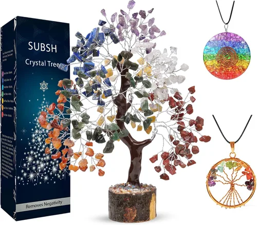 Miniatura 29 de Árbol de la vida de cristal amatista de 10-12 pulgadas con 2 colgantes de chakra – Bonsái de cristal sanador, árbol del dinero para energía