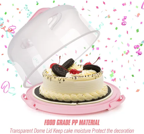 Miniatura 2 de Zoofen - Porta pasteles de plástico con asa de 10 pulgadas, soporte para tartas con tapa, contenedor de pastel rosa para tartas redondo de 10
