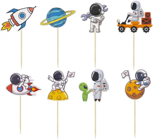 Miniatura 3 de Gyufise 36 piezas de astronauta espacial para cupcakes, planeta, cohete, telescopio, viaje a la luna, para cupcakes para el espacio exterior, baby