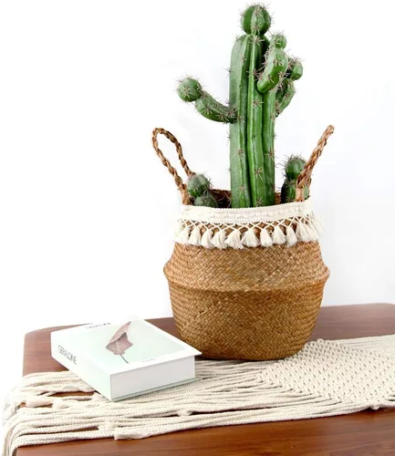 Miniatura 5 de Canasta Tejida Boho de Pasto Marino para Almacenamiento, Canasta para Plantas o Juguetes, para la Sala o el Baño (Grande, Beige)
