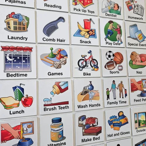 SchKIDules Horarios visuales para niños 93 piezas colección para el hogar para rutinas diarias: 72 imanes de imagen +21 encabezados para niños, TDAH