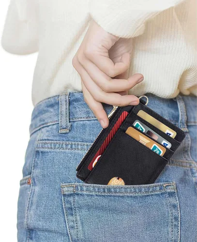 Miniatura 4 de Cartera delgada de bolsillo, bloqueo RFID, cartera con tarjetero con grillete en D y llavero desmontable para mujer, A-Negro, Moda