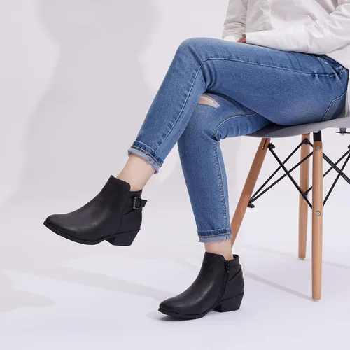 Miniatura 2 de VEPOSE botas al tobillo para mujer con tacón bajo y grueso, con perforaciones, botas de vaquero