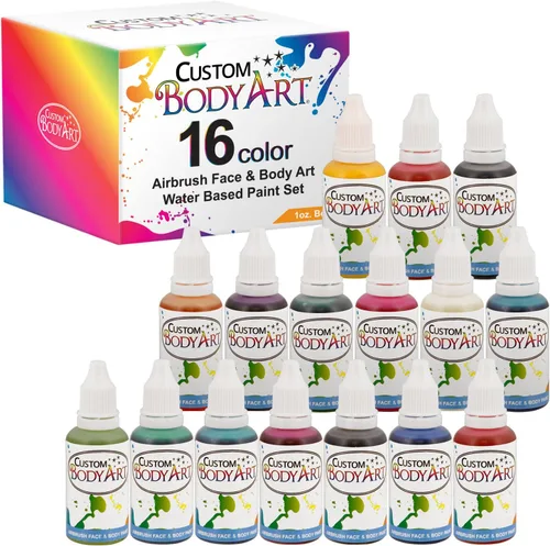 Custom Body Art Juego de 16 botellas de colores de 1 onza de colores para aerógrafo facial y cuerpo a base de agua