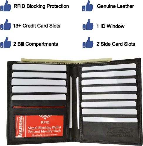 Miniatura 2 de MARSHAL Cartera de piel de alta calidad con bloqueo RFID de doble capacidad para tarjetas de crédito hipster, Negro -, Bifold