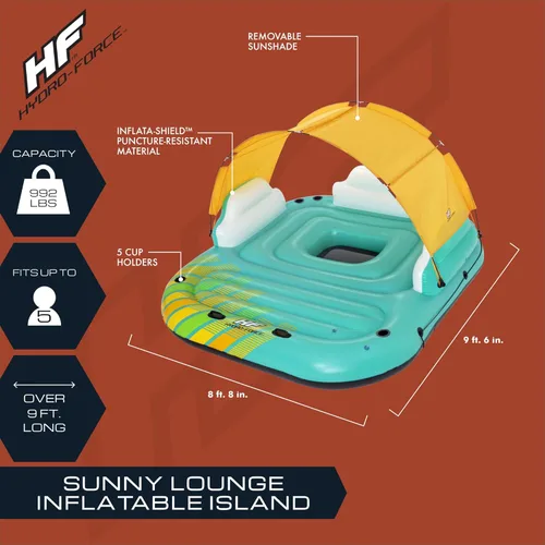 Miniatura 2 de Bestway Hydro Force Sunny - Balsa inflable para 5 personas, isla flotante, para agua, lago, con portavasos y parasol extraíble, color verde