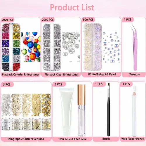 Miniatura 3 de Gemas de diamantes de imitación para el cabello con pegamento de maquillaje, parte trasera plana, joyas coloridas de cristal medio redondo perla