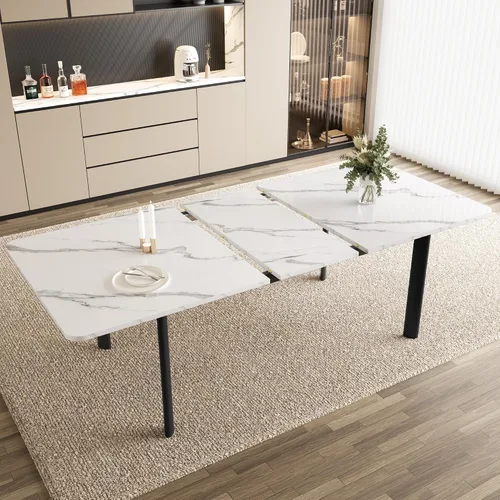 Miniatura 6 de HIPIHOM Mesa de comedor extensible para 6-8 personas, mesa rectangular de 63 a 78.7 pulgadas, MDF blanco con patas de metal resistentes, ahorro