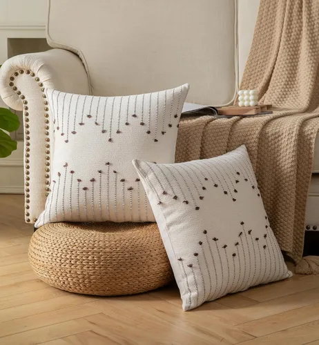 Miniatura 6 de Caflife Fundas de almohada boho de 18 x 18 pulgadas, juego de 2 almohadas decorativas para cama, fundas de almohada beige con línea negra para sofá