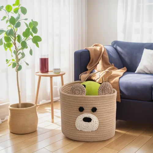 Miniatura 4 de Cestas de lavandería Bear, cesta de almacenamiento con asas, cesta decorativa para sala de estar, cesta de almacenamiento tejida para juguetes, Gris