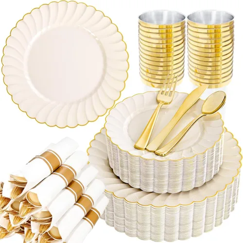 Miniatura 20 de YOUBET - 350 piezas de platos de plástico negro y dorado - Juegos de vajilla desechable dorada para 50 invitados - 100 platos de plástico, 150
