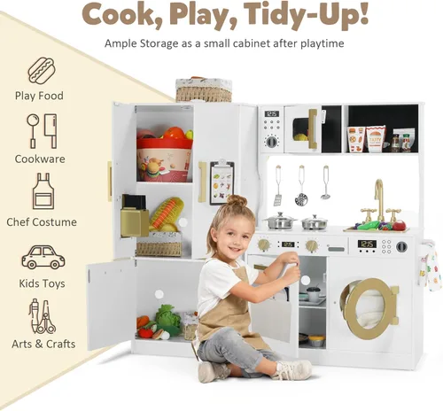 Miniatura 3 de TODEFULL Juego de Cocina de Madera para Niños, Juego de Cocina de Simulación para Niños, Cocina de Juguete Interactiva con Congelador, Lavadora