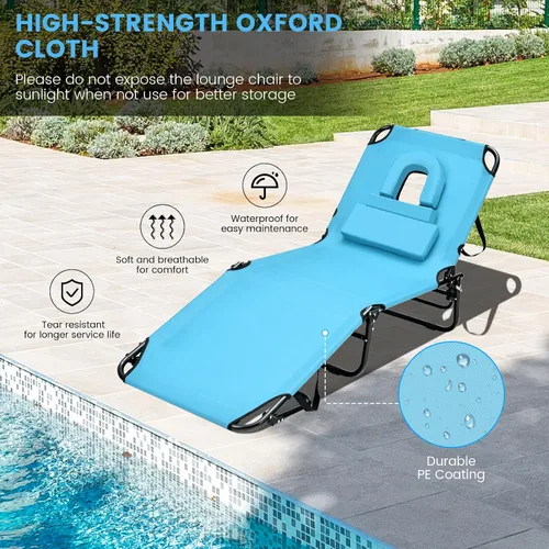 Miniatura 3 de GYMAX Silla de bronceado, silla de playa de 350 libras con agujero para la cara, almohada lavable y correa de transporte, tumbona plegable