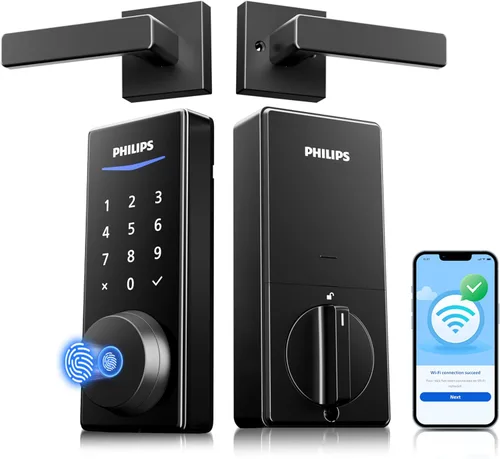 Philips Cerradura inteligente WiFi integrada + 2 niveles, cerraduras inteligentes para puerta delantera, cerrojo de teclado digital con asa, huella