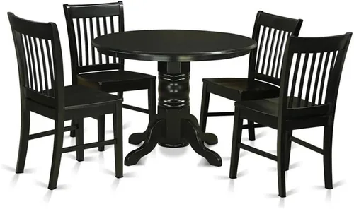 East West Furniture SHNO5-BLK-W - Juego de comedor de 5 piezas que incluye una mesa de comedor redonda con pedestal y 4 sillas de asiento de madera,