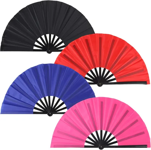 Miniatura 10 de Paquete de 4 ventiladores de mano plegables grandes, ventiladores plegables de mano de plástico, ventiladores chinos de Kung Fu plegables para Negro