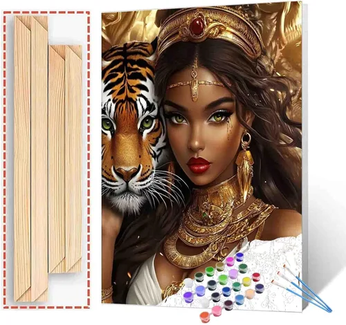 Miniatura 27 de Pintura de niña afro a la moda, kits de pintura por números, 16 x 20 pulgadas, lienzo de hojas tropicales, pintura al óleo para niños y adultos