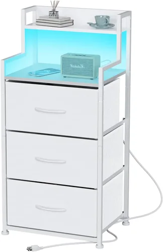 Miniatura 9 de Mesita de noche alta con luz y estación de carga, mesita de noche con 3 cajones de tela y estante de almacenamiento, mesitas de noche con puertos