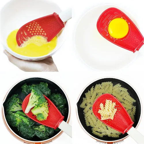 Miniatura 2 de 6 en 1 aparatos de cocina multifuncionales, 356°F resistentes al calor, separador de huevos, cocina, drenaje, puré, rejilla, cuchara de cocina roja