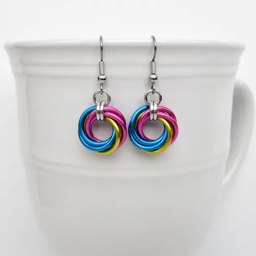 Miniatura 7 de Pansexual pride earrings, handmade chainmail love knot jewelry; pink, yellow, blue
