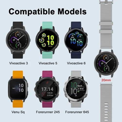 Miniatura 4 de ISABAKE Correa de reloj de 0.787 in para Garmin Vivoactive 3/Forerunner 165/55/245/645 Gris
