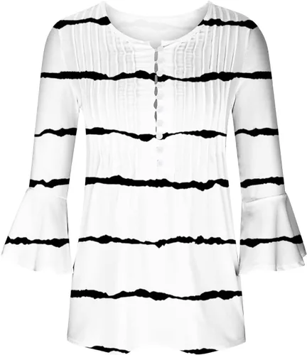 Miniatura 37 de Ceboyel Blusa tipo túnica con estampado floral para mujer, con botones, estilo Henley, con manga de codo, casual, trajes de moda para mujer