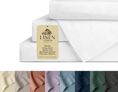 Juego de sábanas de algodón lavado percal de Linen Home, tamaño King, blanco, preencogido, 4 piezas - 1 sábana encimera, 1 sábana bajera de bolsillo