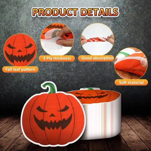 Miniatura 3 de Honoson 120 servilletas de fiesta de Halloween de 13 x 13 pulgadas, servilletas de papel de fantasma blanco de 3 capas de calabaza de Halloween