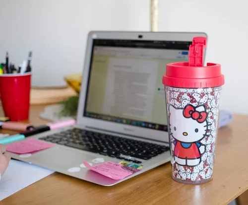 Miniatura 5 de Silver Buffalo Sanrio Hello Kitty Patrón Vaso de Viaje de Doble Pared con Tapa de Cierre Deslizante, 20 Onzas, 16oz Caras por Todas Partes, 1 Unidad