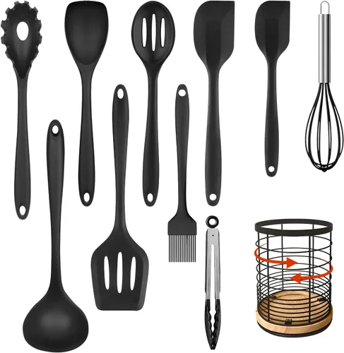 Juego de utensilios de cocina de silicona con soporte grande giratorio de 360° de 7.3 pulgadas, juego de utensilios de cocina de silicona no tóxicos