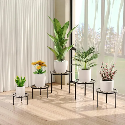 Miniatura 6 de VECELO Juego de 5 soportes de metal para plantas, soporte para macetas de alta resistencia, soporte redondo para plantas, color negro