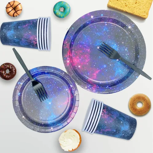 Miniatura 7 de Space Galaxy Party Supplies - Juego de vajilla temática del espacio exterior, decoración de fiesta de cumpleaños, noche estrellada, sistema solar