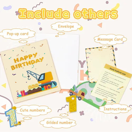 Miniatura 3 de Tarjeta de Felicitación 3D Desplegable de 1er Cumpleaños con Luz y Música, Tarjeta de Grúa y Camión Para Niño, Sobrino, Nieto, Hijo, Pequeño