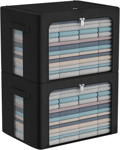 Miniatura 19 de CYhom Caja de almacenamiento de ropa, juego organizador plegable de tela de lino con ventana transparente, asas de transporte y marco de metal, 2