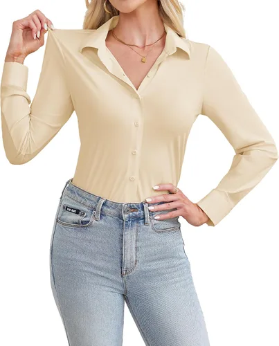 Miniatura 9 de siliteelon Camisa de manga larga con botones para mujer, estilo casual, para el trabajo, con elástico en 4 direcciones, sin arrugas