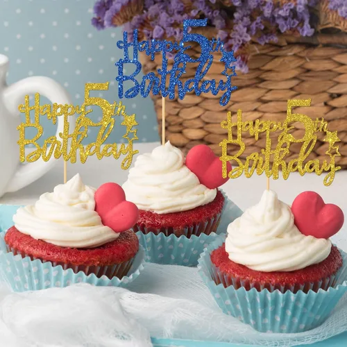 Miniatura 6 de Decoración para cupcakes de cumpleaños de 5 años, suministros para cupcakes de cumpleaños de 5 años, decoraciones para fiestas de cumpleaños de 5