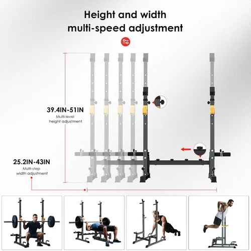 Miniatura 5 de Máquina para sentadillas, soporte para pesas, soporte plegable para pesas y banco de prensa, altura y ancho ajustables. Con barras de dominadas