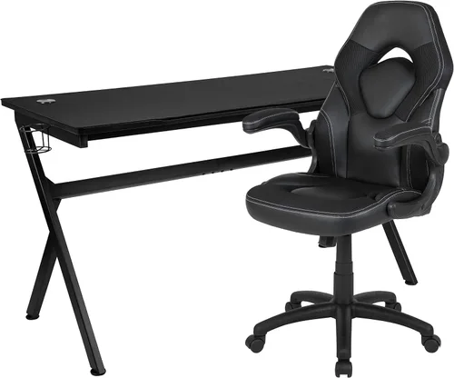 Miniatura 49 de Flash Furniture Juego de escritorio para juegos negro y silla de carreras blanco/negro con soporte para tazas, gancho para auriculares y soporte