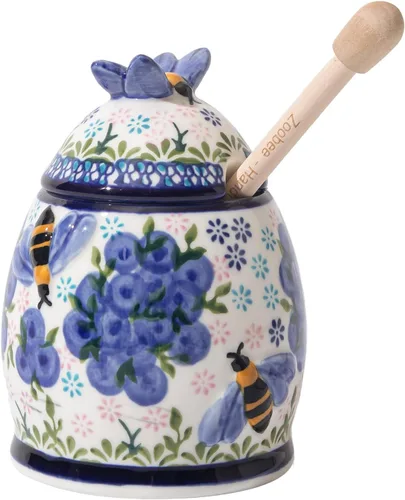 ZOOBEE - Tarro de miel de cerámica pintado a mano de 10 onzas | Microwave Safe, Dipper Lid Included, Small Natural Portable, Kitchen Picnic