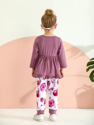 Miniatura 7 de Kulcerry Conjunto de ropa para bebé niña pequeña, color liso, manga larga, volantes, pantalones, diadema