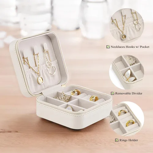 Miniatura 3 de Vlando Pequeño joyero de viaje organizador para niñas y mujeres, regalo anillos, aretes, collares, almacenamiento, color beige
