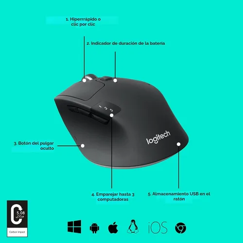 Miniatura 6 de Logitech M720 - Ratón inalámbrico de triatlón, Bluetooth, receptor unificador USB, 1000 DPI, 6 botones programables, batería de 2 años, compatible