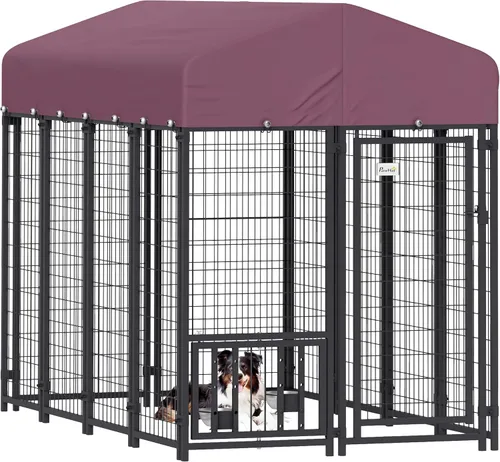 Miniatura 17 de PawHut Jaula de 4' x 4' x 6' para perros al aire libre, Jaula de alambre soldado para perros con rotación de 360° y cuencos ajustables de 4 niveles