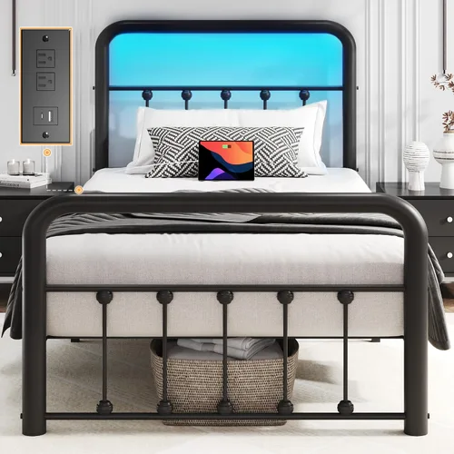 Fluest - Base de cama de 14 pulgadas para cama individual clásica de metal con plataforma, estación de carga y LED, cabecero y pie de estilo
