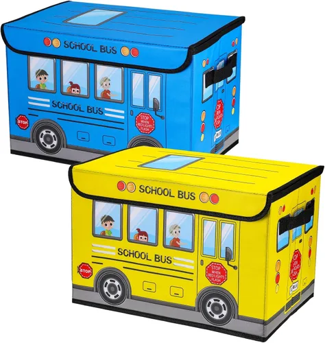 Miniatura 8 de Sweetude Caja del tesoro de autobús escolar de 2 piezas para el aula, caja plegable de almacenamiento de juguetes con tapa, organizador de tesoros