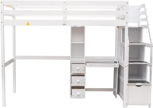 Miniatura 7 de Bellemave Cama alta con escritorio y escaleras, litera individual sobre cama individual con cajones de almacenamiento y estantes, camas altas