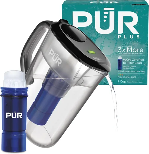 PUR Plus jarra de filtro de agua de 7 tazas, limpiador, agua de gran sabor, apta para lavavajillas, potente, filtración que reduce el plomo, diseño