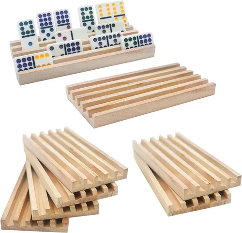 Juego de 8 bandejas de dominó de madera para dominó de tren mexicano, estantes dobles para 12 azulejos, soporte para azulejos de dominó, soporte de