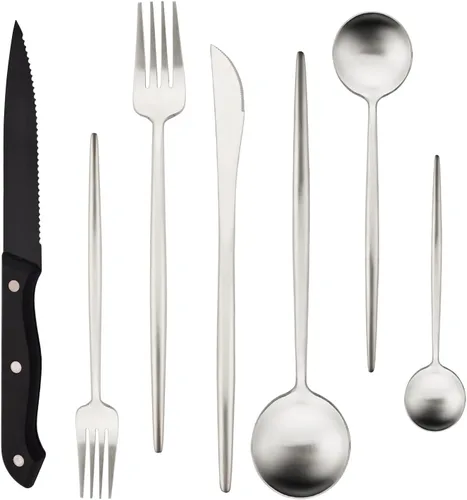 Miniatura 11 de Juego de cubiertos de 28 piezas con cuchillos para carne, cubiertos de acero inoxidable 18/8, juego de cubiertos modernos para 4 tenedores