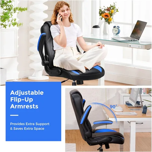 Miniatura 4 de COMHOMA Silla ergonómica para juegos de oficina para adultos, con soporte lumbar, brazos abatibles, altura ajustable, ruedas giratorias de piel Azul